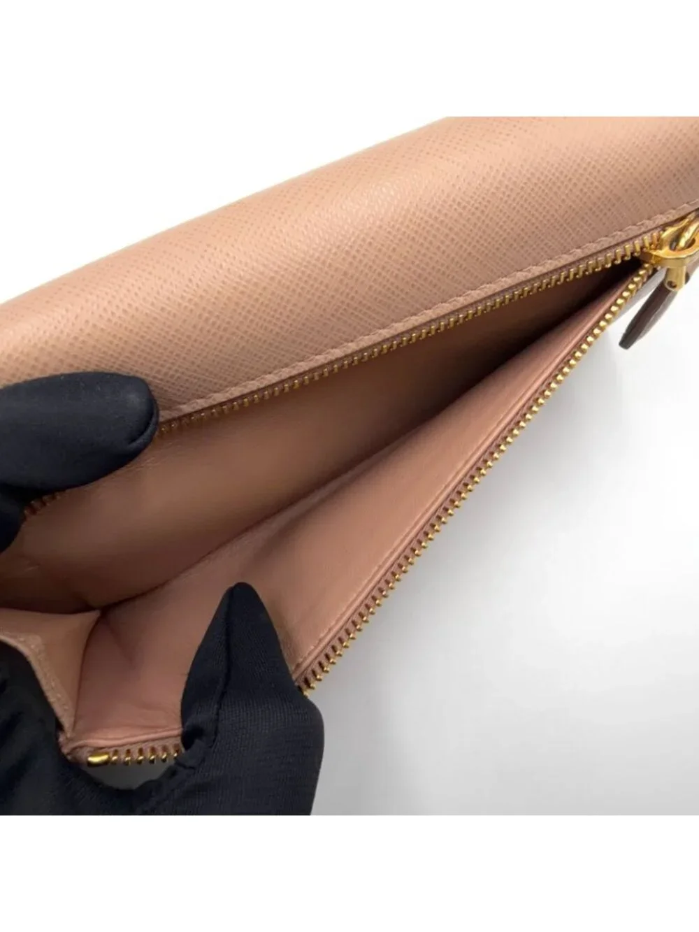Prada Saffiano Metal Bifold Leather Pink Beige Wallet Gold